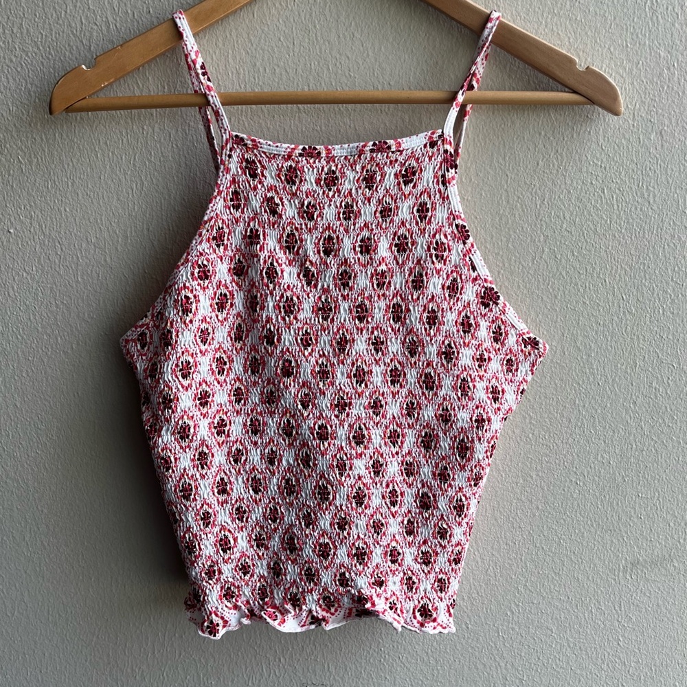 Abstract floral print halter top with adjustable straps